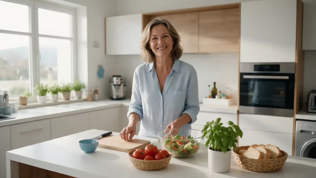 Femme souriante préparant un repas équilibré dans sa cuisine, symbole d'une stabilisation du poids au quotidien