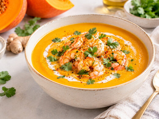 Velouté de potimarron au lait de coco et crevettes : recette légère et réconfortante
