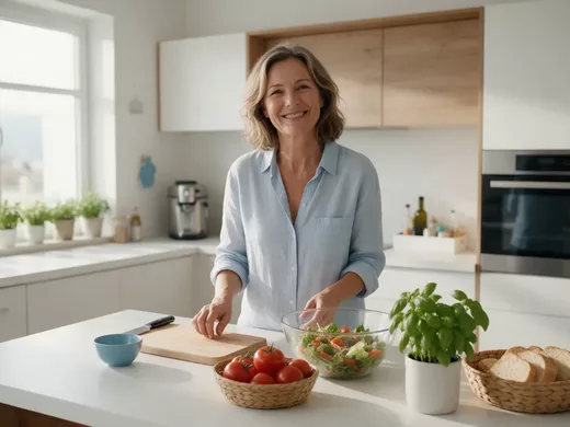 Femme souriante préparant un repas équilibré dans sa cuisine, symbole d'une stabilisation du poids au quotidien