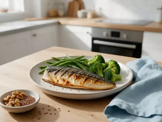 Assiette équilibrée d'aliments anti-inflammatoires (poisson gras, légumes, noix) pour l'endométriose