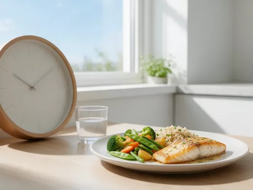 Horloge murale et assiette équilibrée sur une table en bois, évoquant les fenêtres de repas du jeûne intermittent