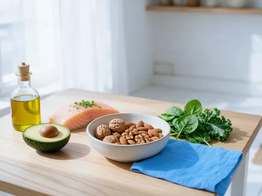 Assiette équilibrée avec aliments riches en fibres et acides gras insaturés, symbolisant le lien entre alimentation, perte de poids et cholestérol