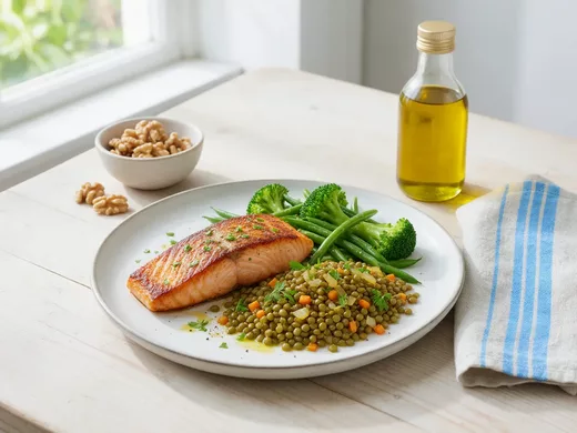 Assiette équilibrée avec poisson gras, légumes et légumineuses, illustrant l'alimentation pour réguler les triglycérides